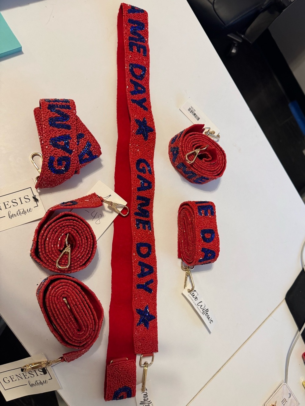 Lot of 6 Red and Blue beaded 'Game Day' Red Purse Stap -